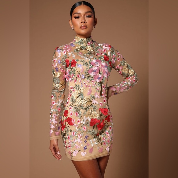 Fashion Nova Dresses & Skirts - Fashion Nova Floral Embroidered Mesh Mini Dress Nude Long Sleeve Size M NWT